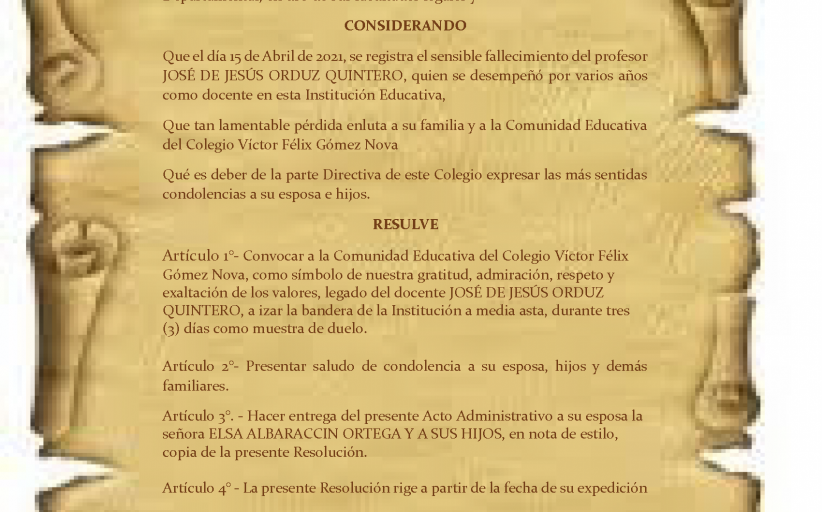 Resolución de Luto Docente José de Jesús Orduz Quintero – Abril 15 de 2021